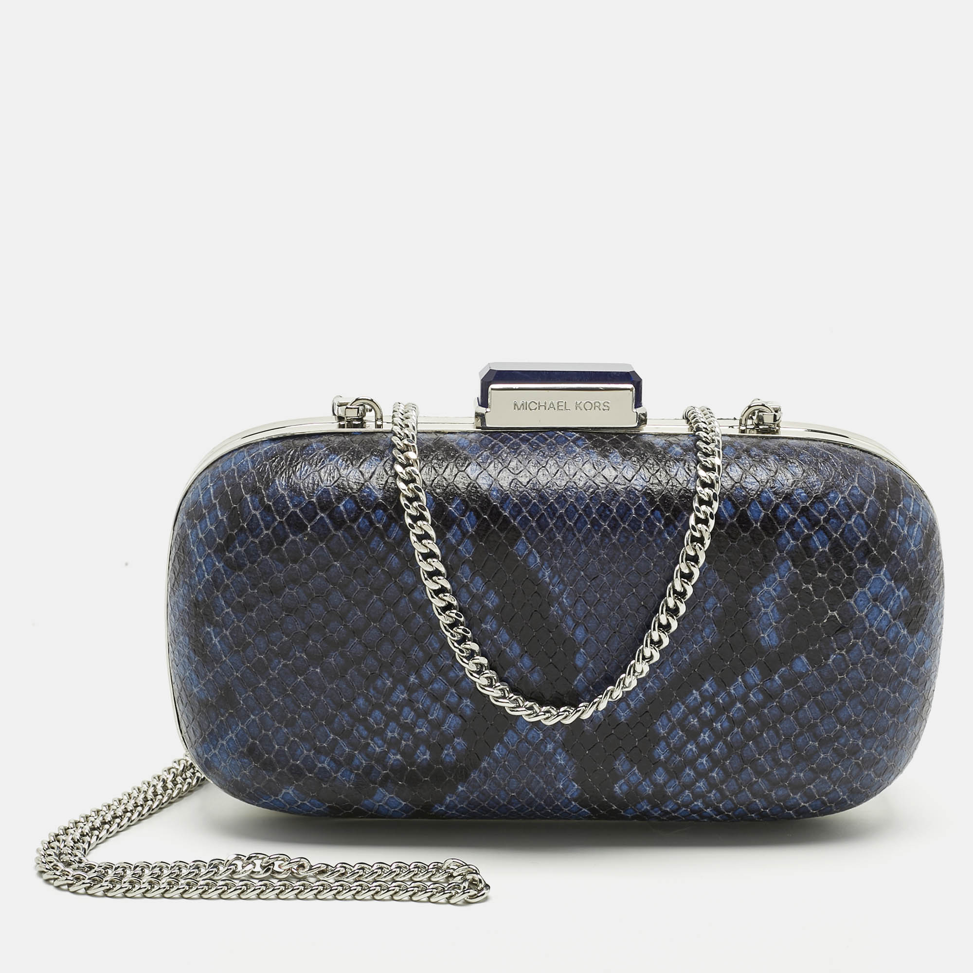 Pre-owned Michael Kors Blue/black Python Embossed Leather Elsie Dome Chain Clutch