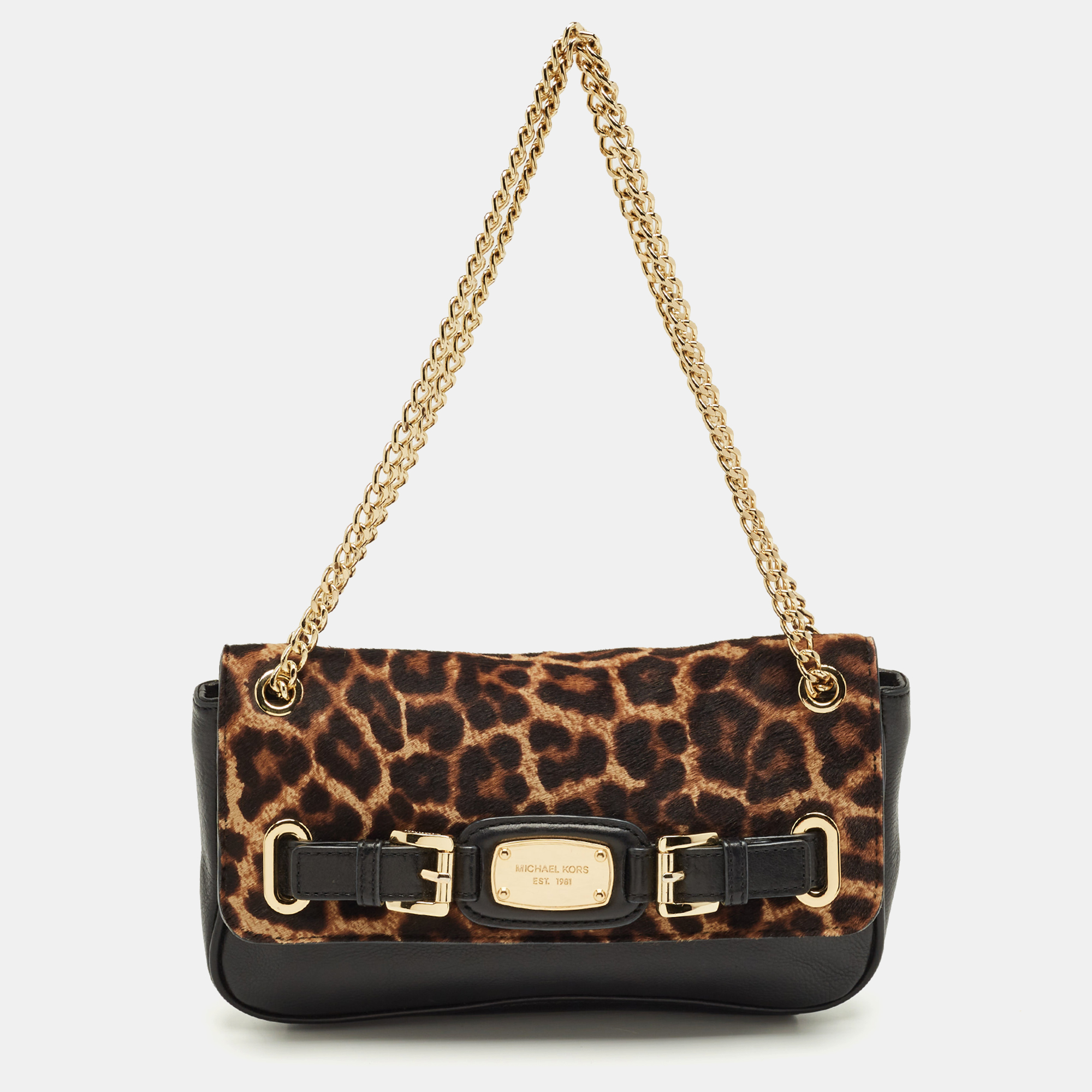 Pre-owned Michael Kors Black/brown Leopard Print Calfhair And Leather Small Hamilton Flap Shoulder Bag