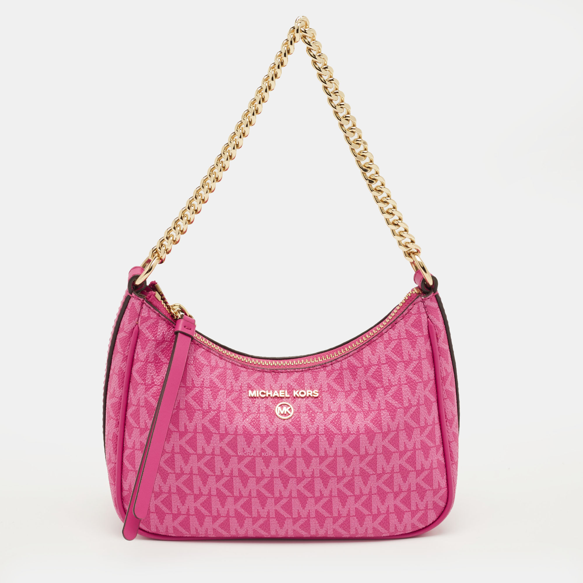 

Michael Kors Pink Signature Coated Canvas and Leather Jet Set Charm Pochette Bag