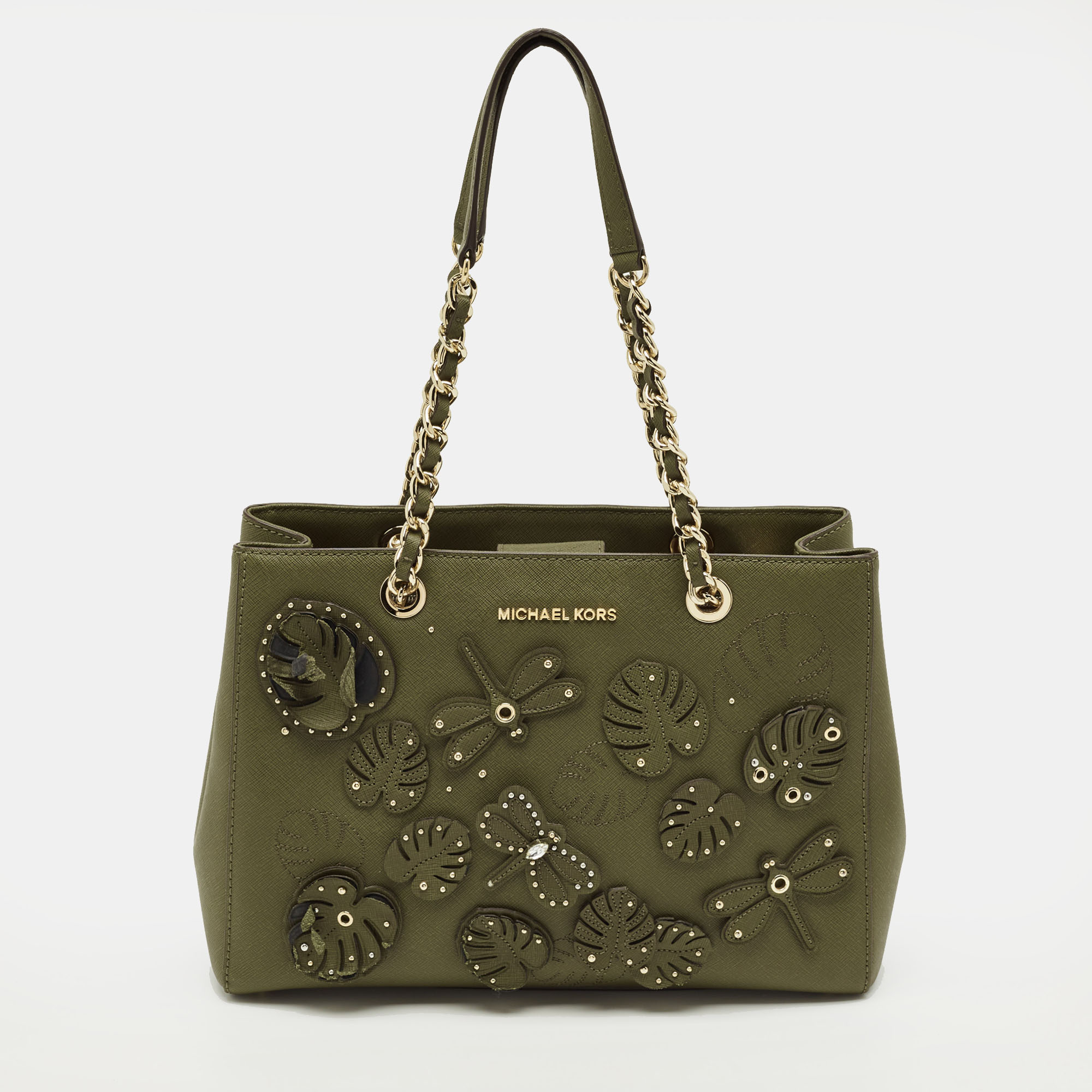 Pre-owned Michael Kors Green Leather Medium Ew Susannah Embellished Tote