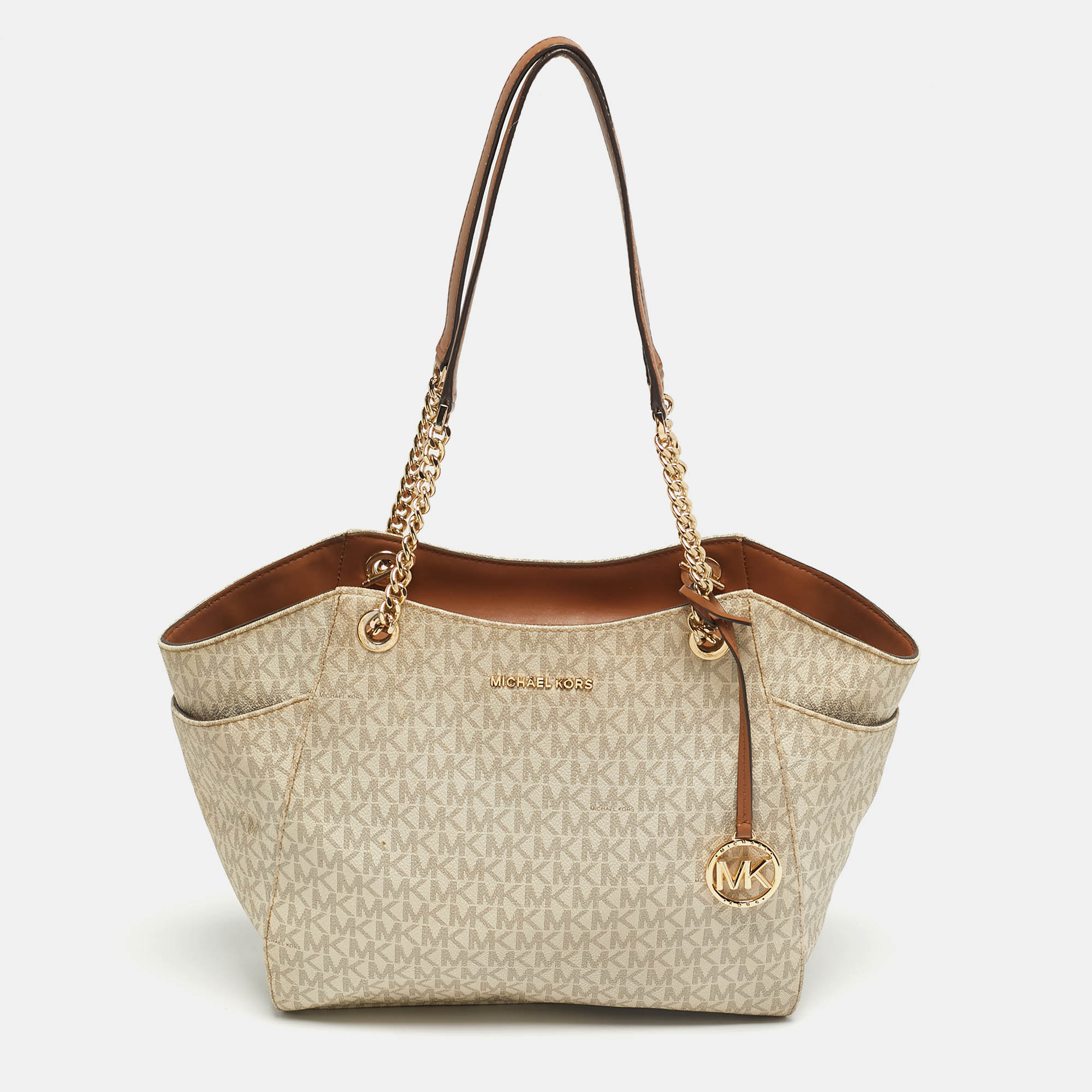 Pre-owned Michael Kors Off White/brown Signature Coated Canvas Jet Set Travel Chain Tote