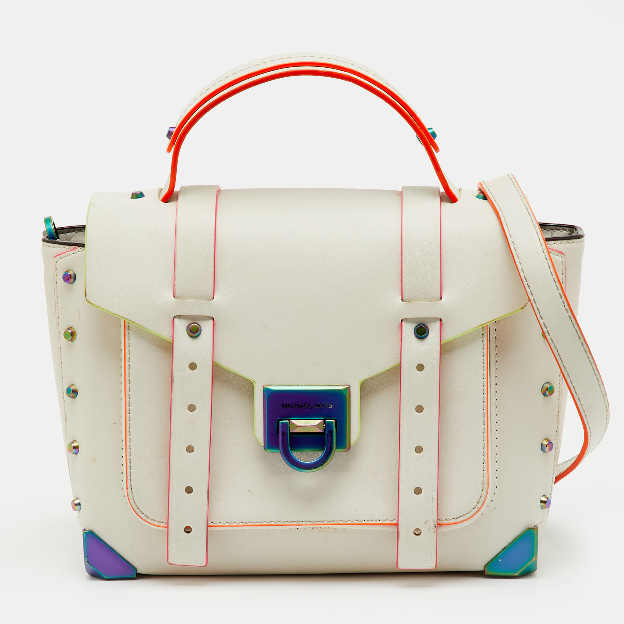 

Michael Kors White Leather Manhattan Medium Contrast-Trim Top Handle Bag