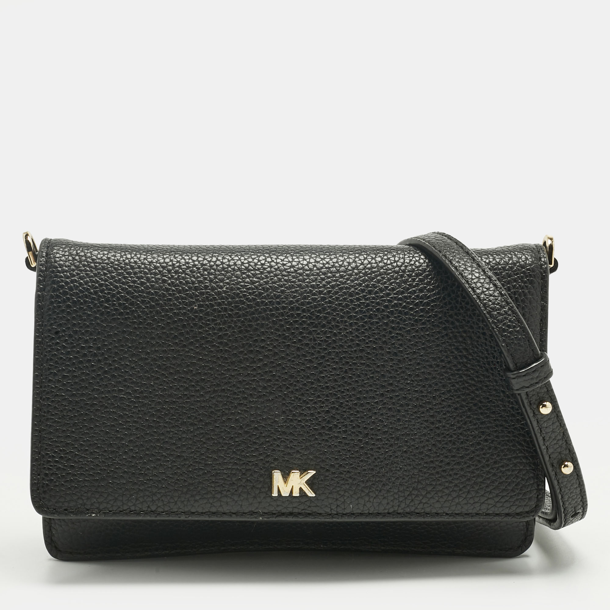 Pre-owned Michael Kors Black Leather Mott Wallet On Strap
