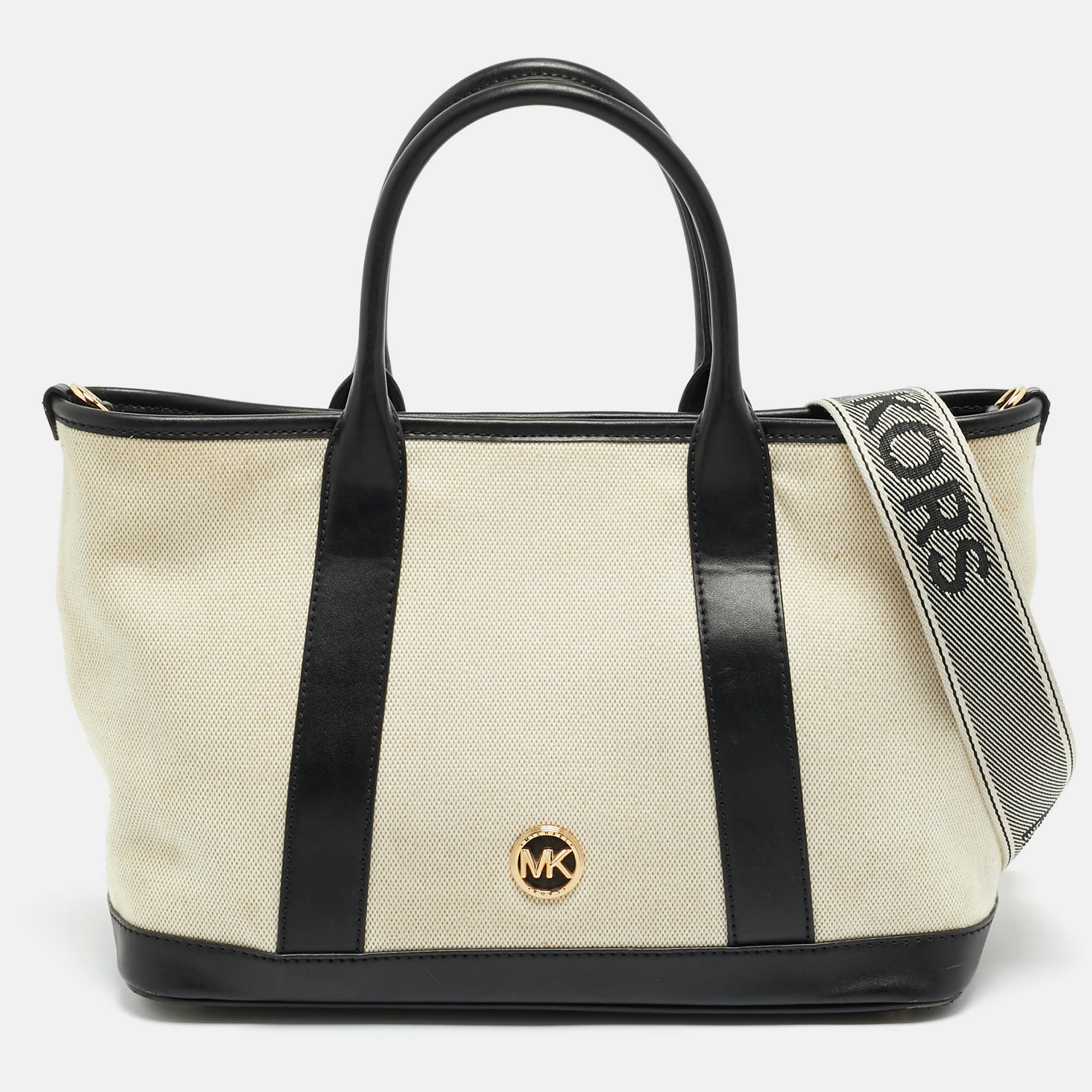 Pre-owned Michael Kors Luisa Medium Black/natural Canvas And Faux Leather Tote