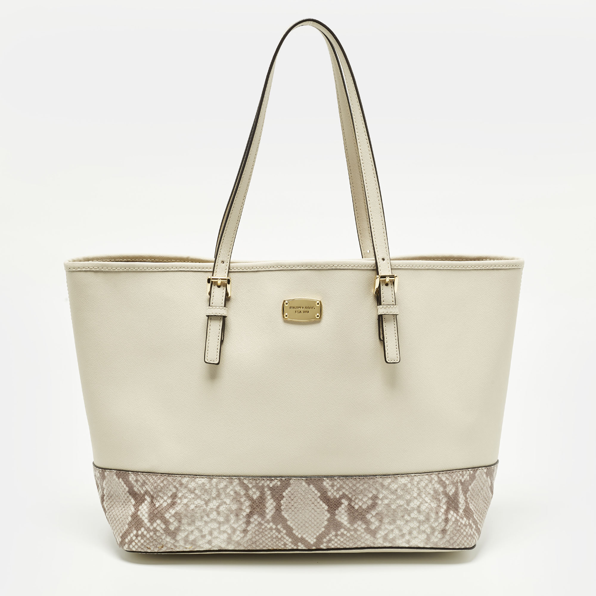 Pre-owned Michael Kors Jet Set Off White/grey Python Embossed And Leather Tote