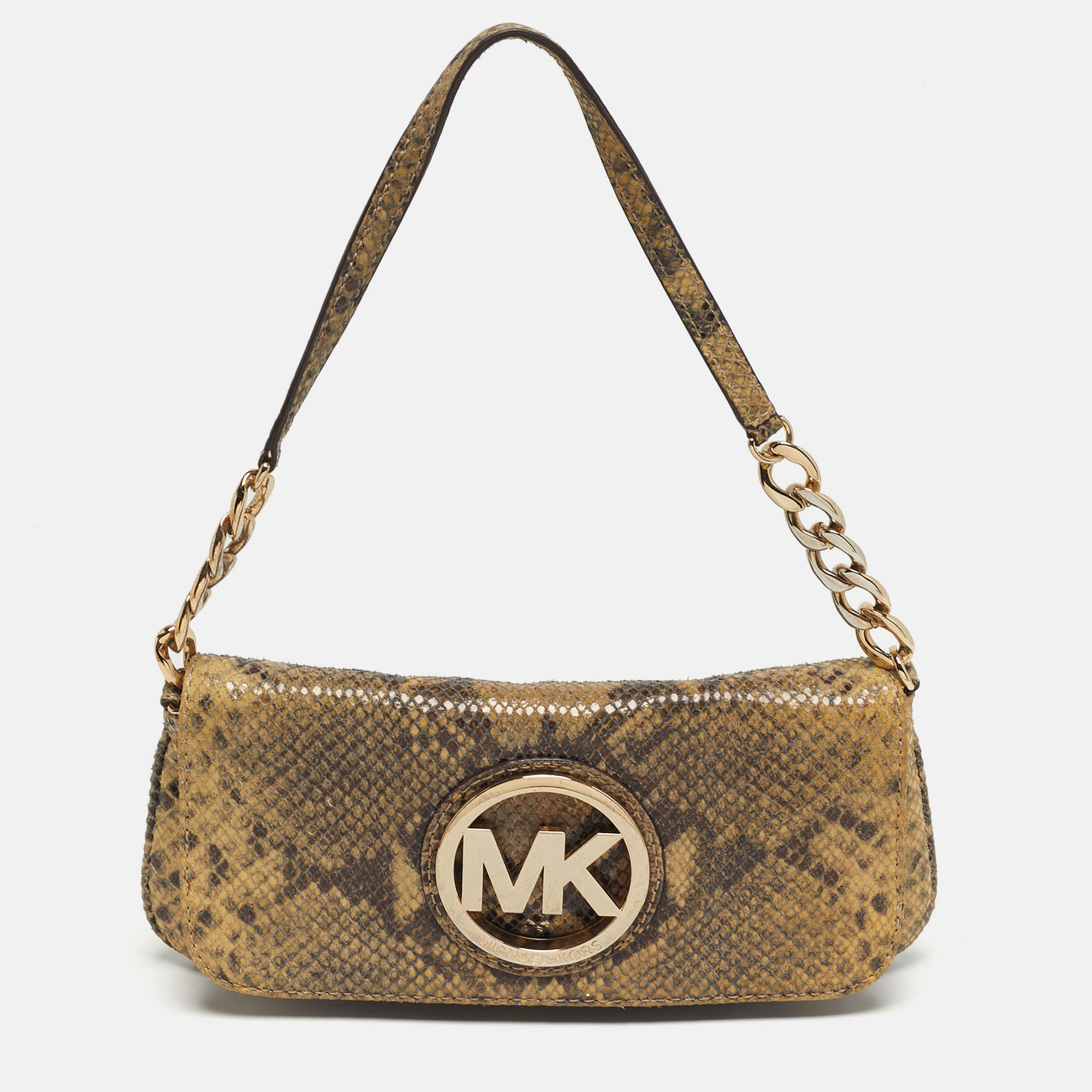 Pre-owned Michael Kors Logo Flap Light Green Python Embossed Leather Chain Clutch