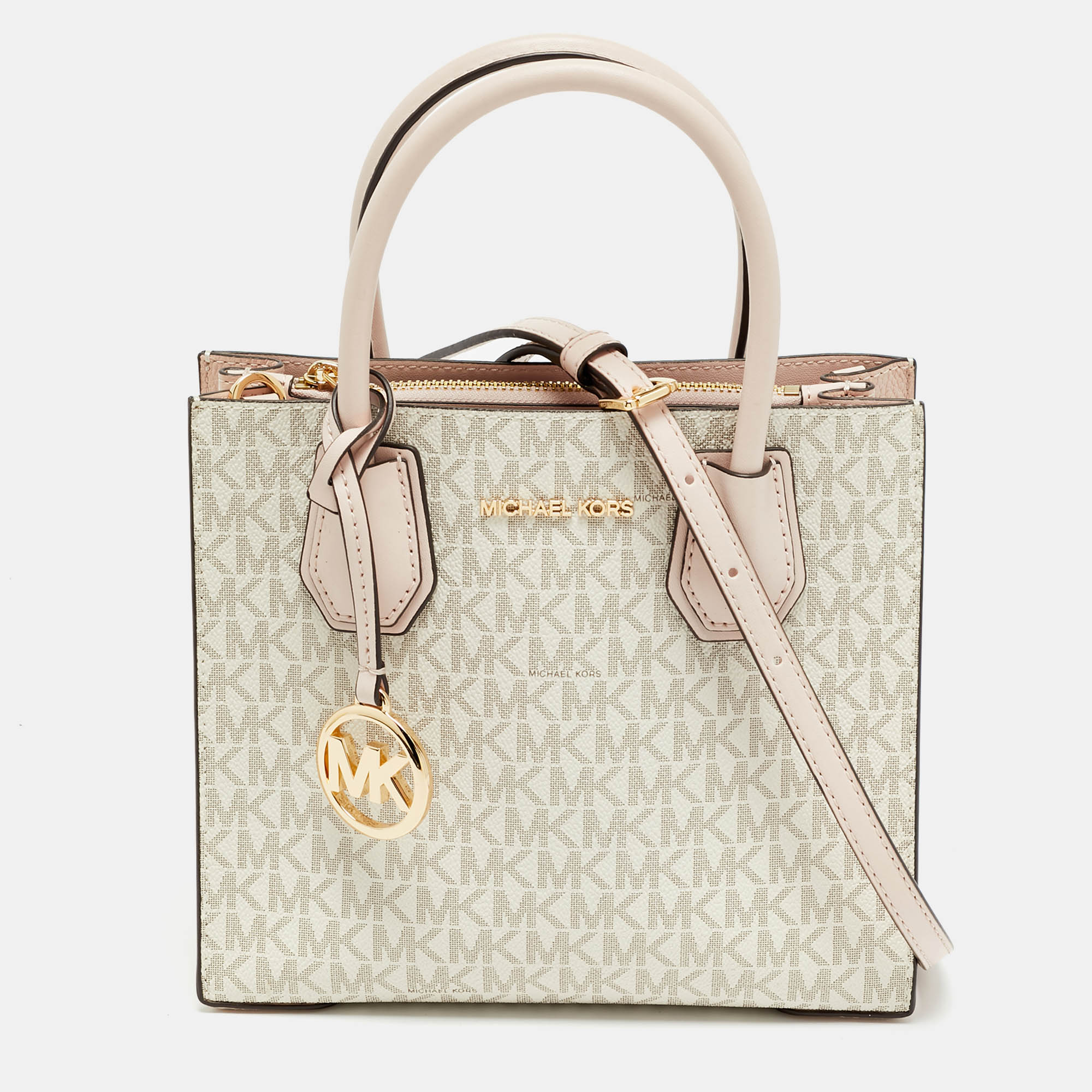 

Michael Kors Mercer Mini Light Pink/Beige Signature Coated Canvas and Leather Tote