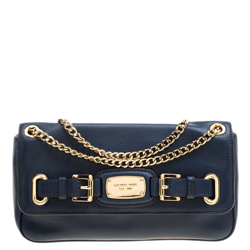 Pre Owned Michael Kors Blue Leather Shoulder Flap Bag