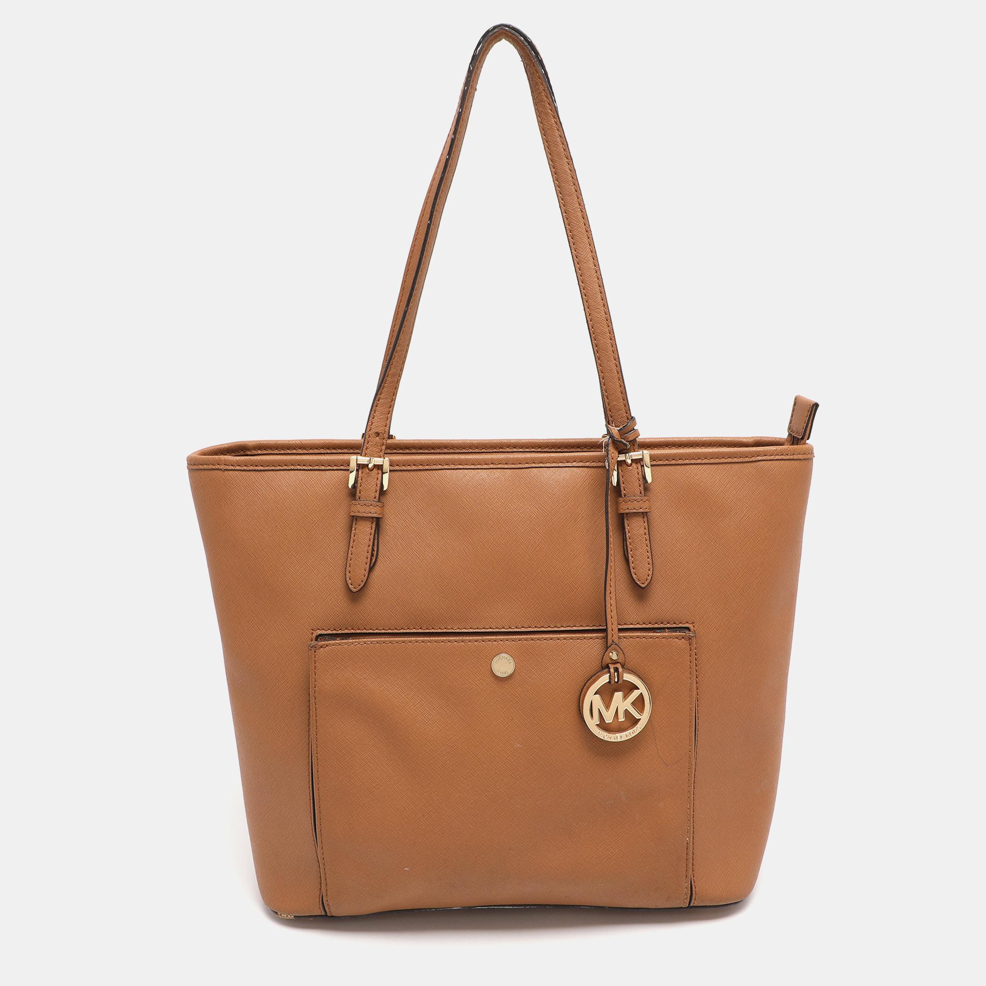 

Michael Kors Jet Set Brown Saffiano Leather Snap Pocket Tote