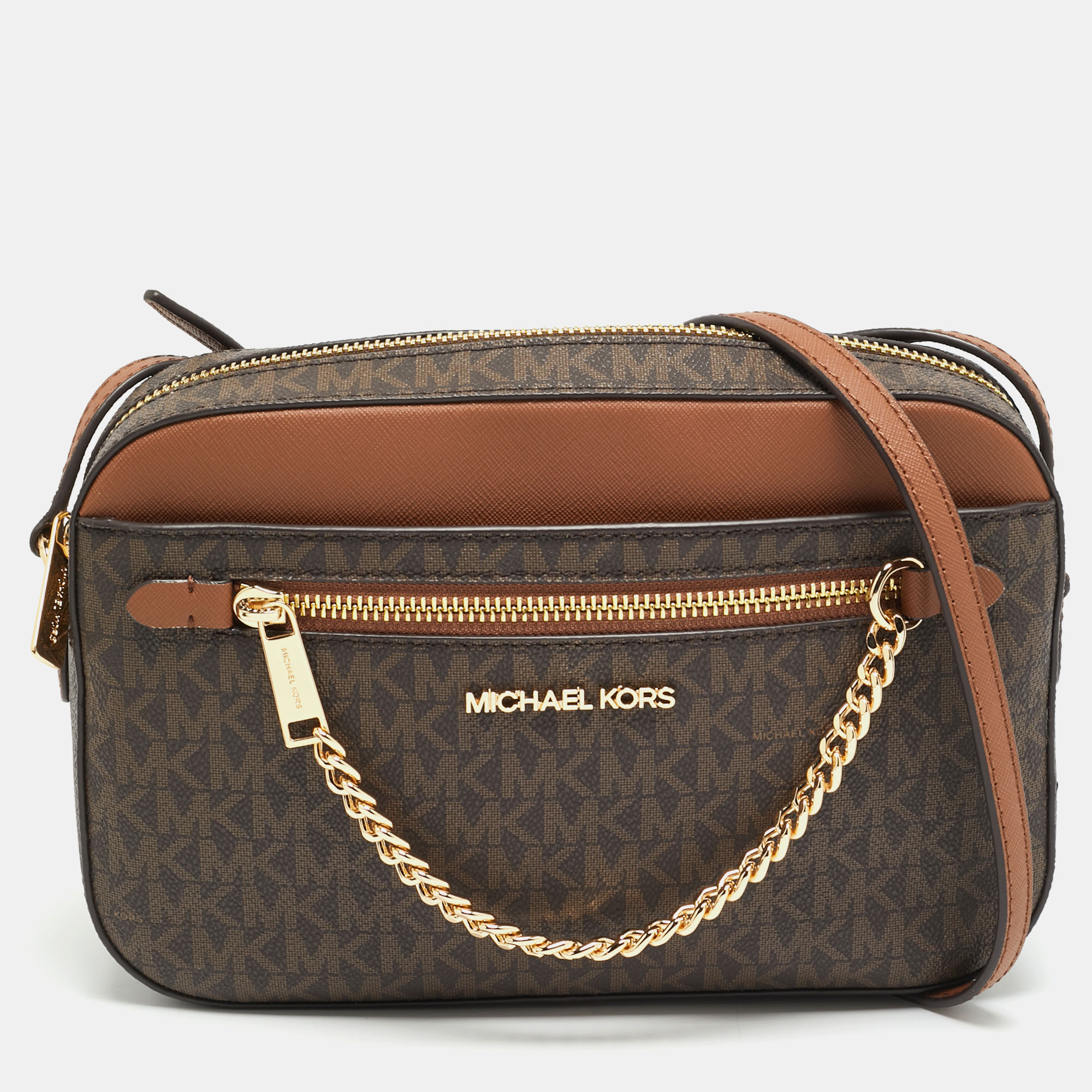 

Michael Kors Jet Set Brown Signature Coated Canvas and Leather Crossbody Bag