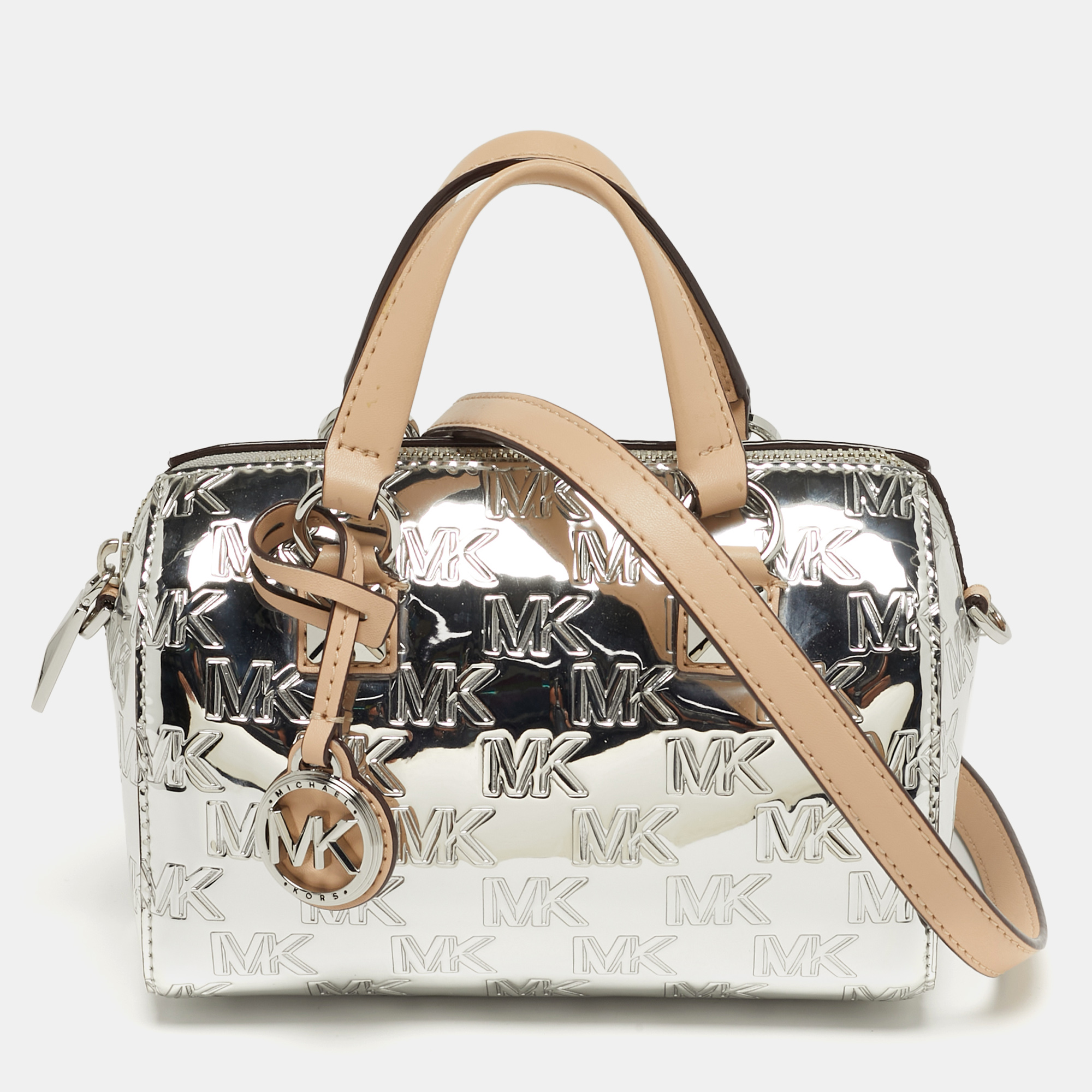 

Michael Kors Grayson Silver Signature Embossed Mirror Patent Leather Duffle Crossbody Bag
