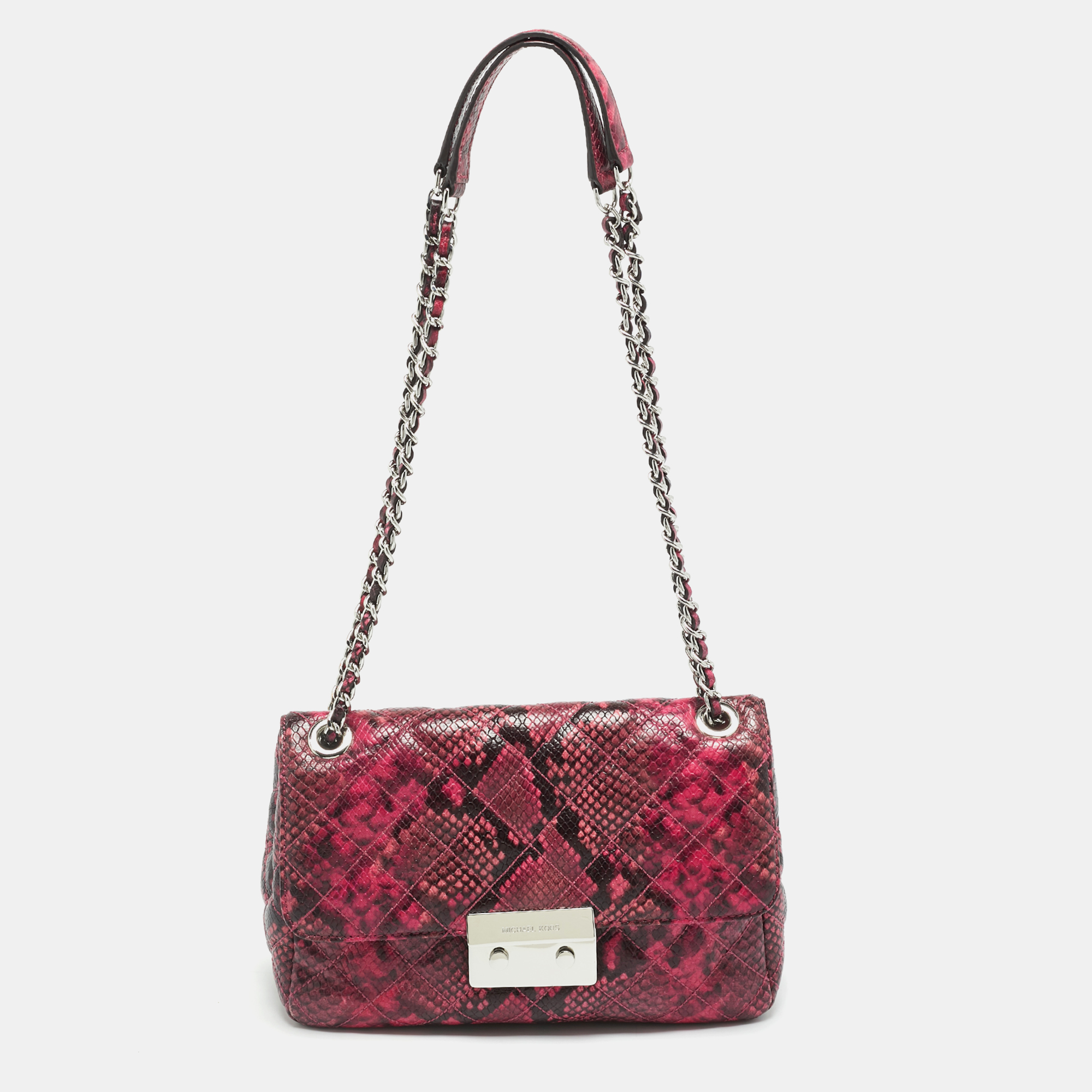 

Michael Kors Tribeca Pink/Black Python Embossed Leather Shoulder Bag