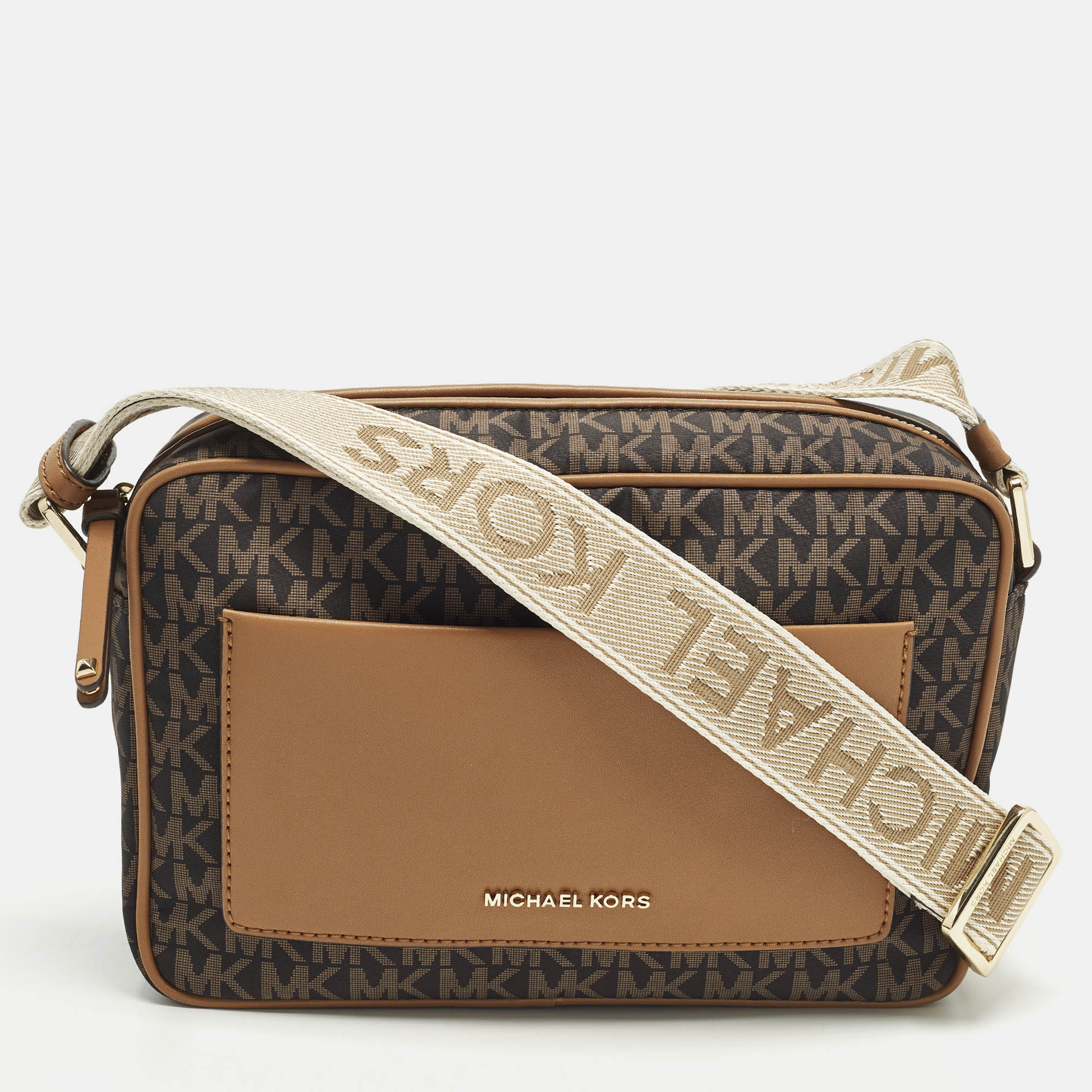 

Michael Kors Jet Set Large Brown MK Signature Nylon Webbing Strap Crossbody Bag