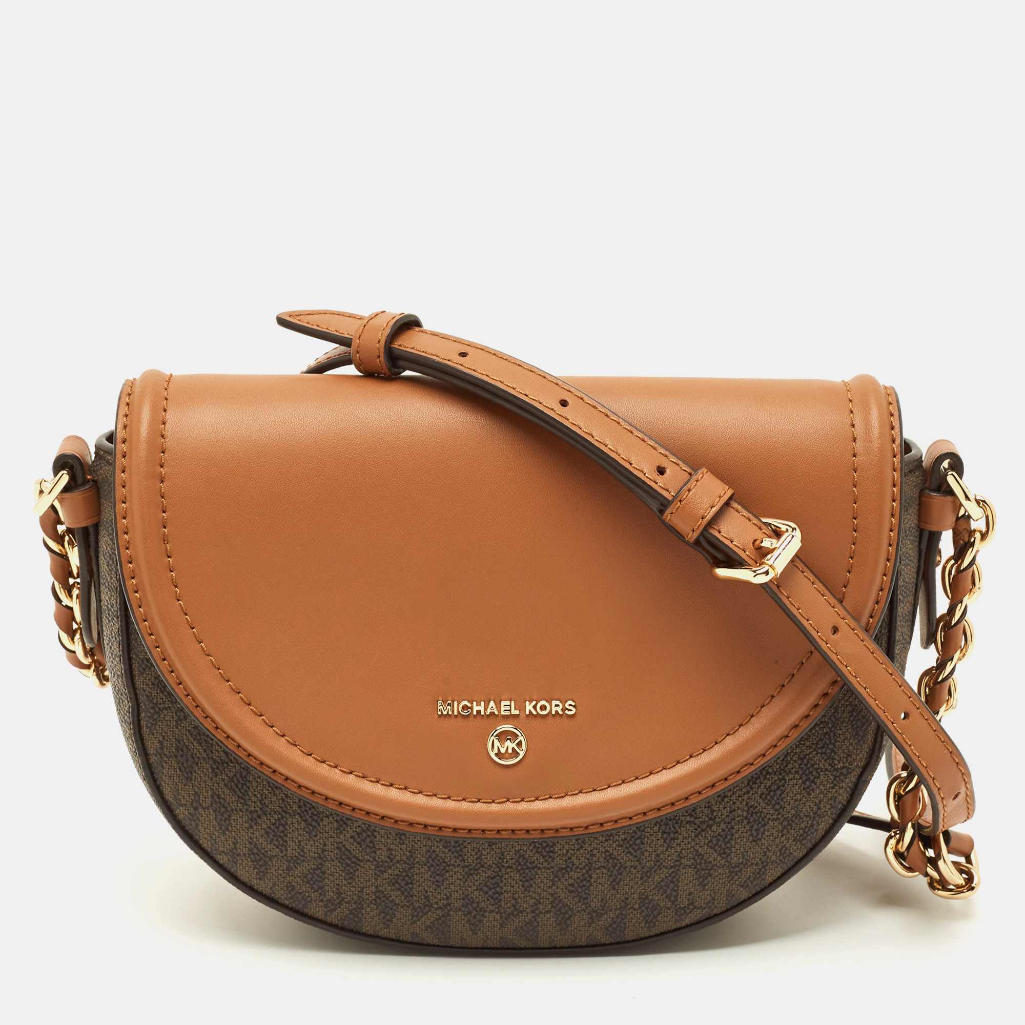Pre-owned Michael Kors Jet Set Charm Half Dome Brown/tan Signature Coated Canvas And Leather Crossbody Bag