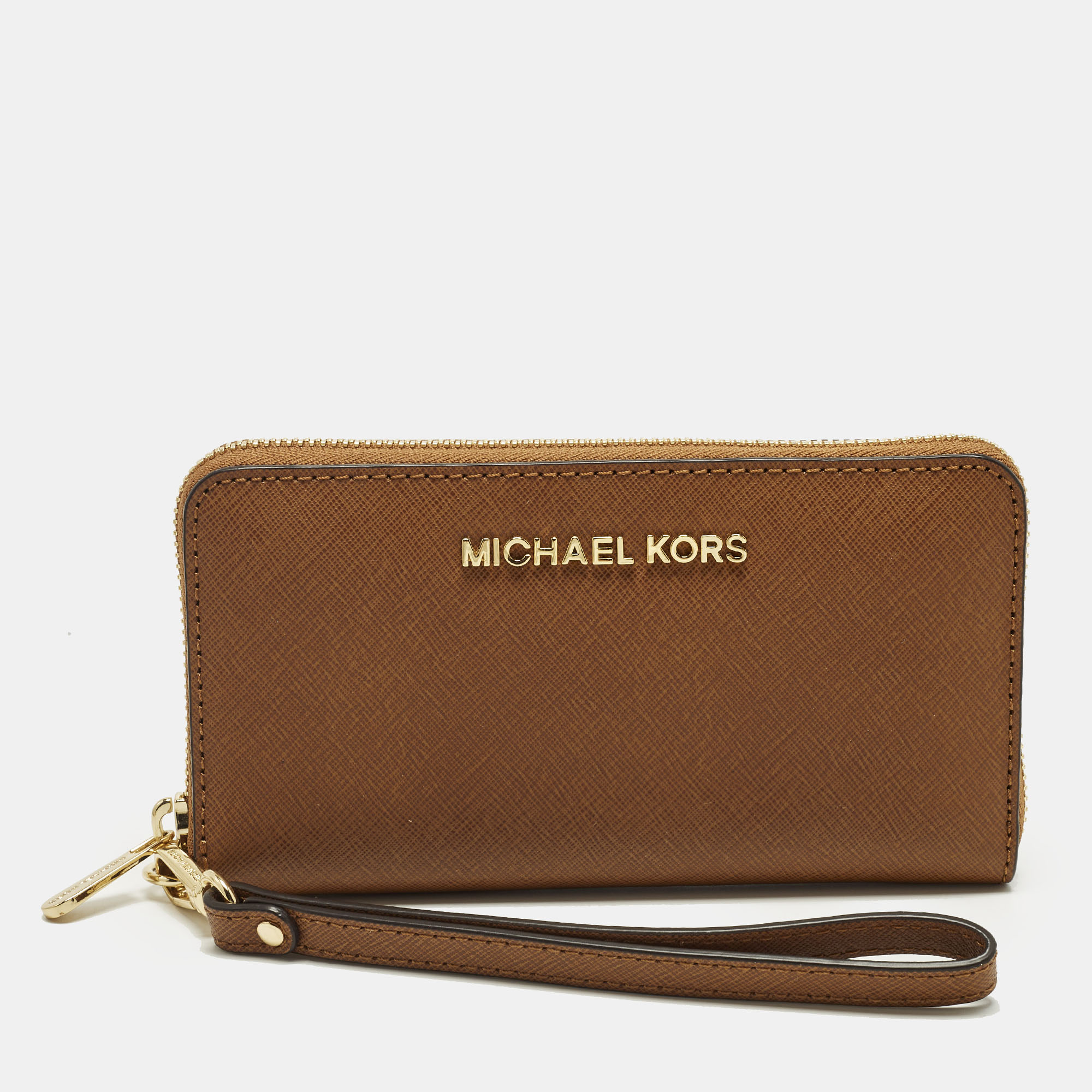 Pre-owned Michael Kors Jet Set Multifunction Phone Wristlet Brown Leather Wallet