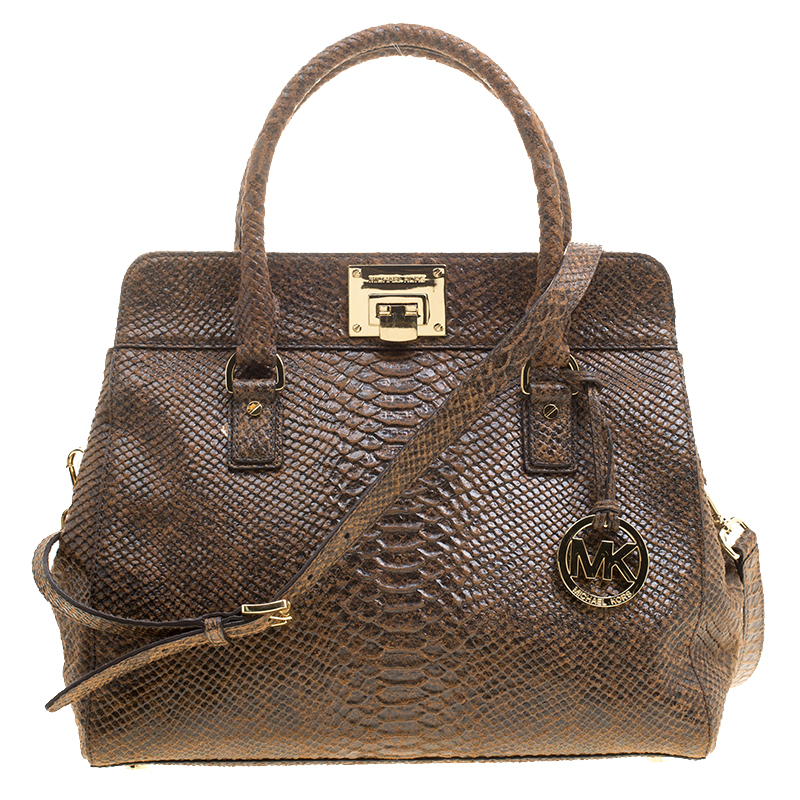 Pre Owned Michael Kors Brown Python Embossed Leather Tote