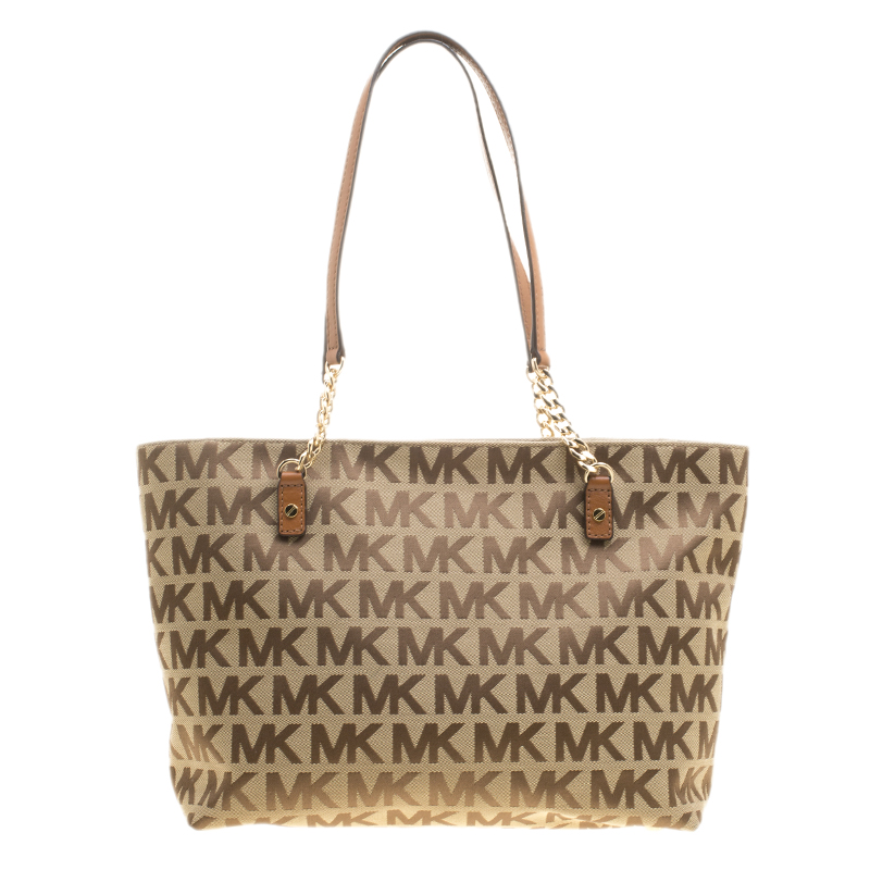 Michael Kors Beige/Cognac Signature Canvas and Leather Tote Michael ...