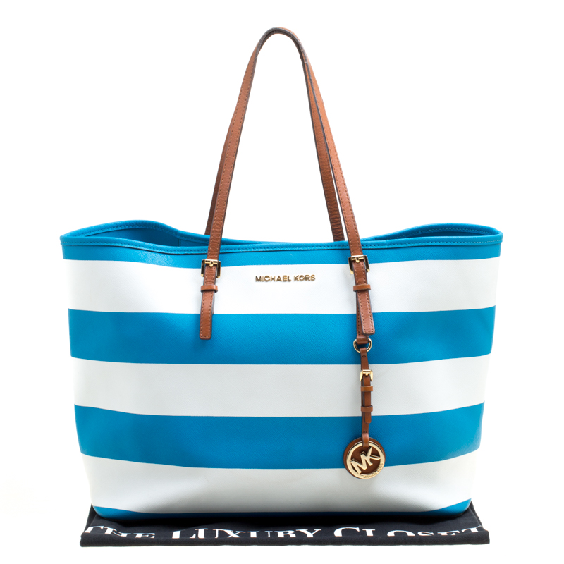 blue and white striped michael kors purse