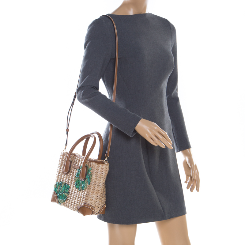 

Michael Kors Brown/Green Straw and Leather Malibu Tote