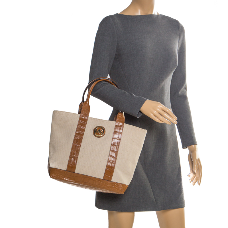 

Michael Kors Beige/Brown Canvas and Croc Embossed Leather Fulton Tote