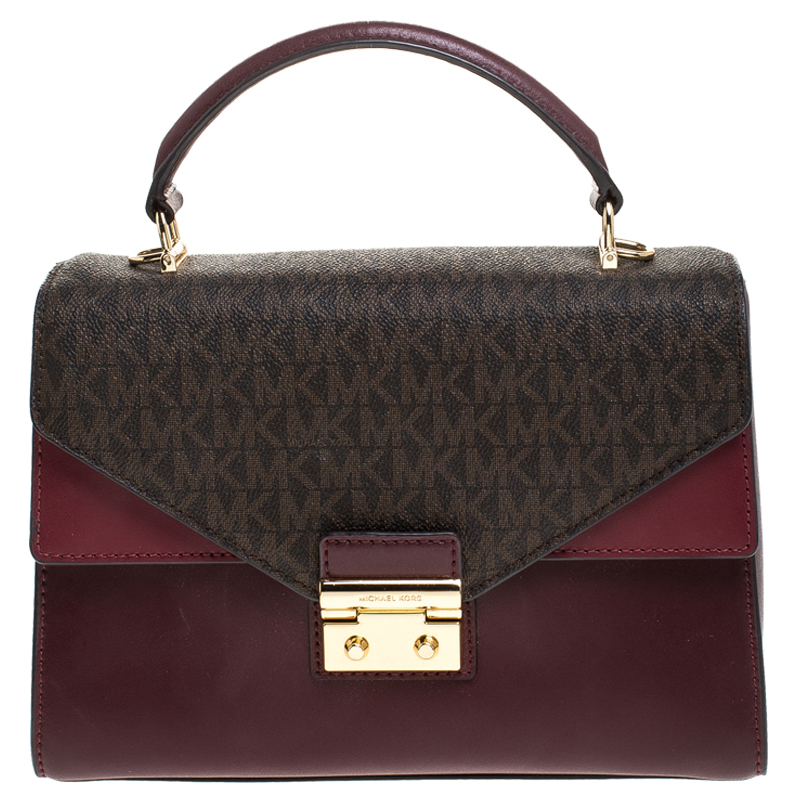 Pre Owned Michael Kors Burgunady/Brown Leather and Coated Canvas Sloan Top Handle Bag
