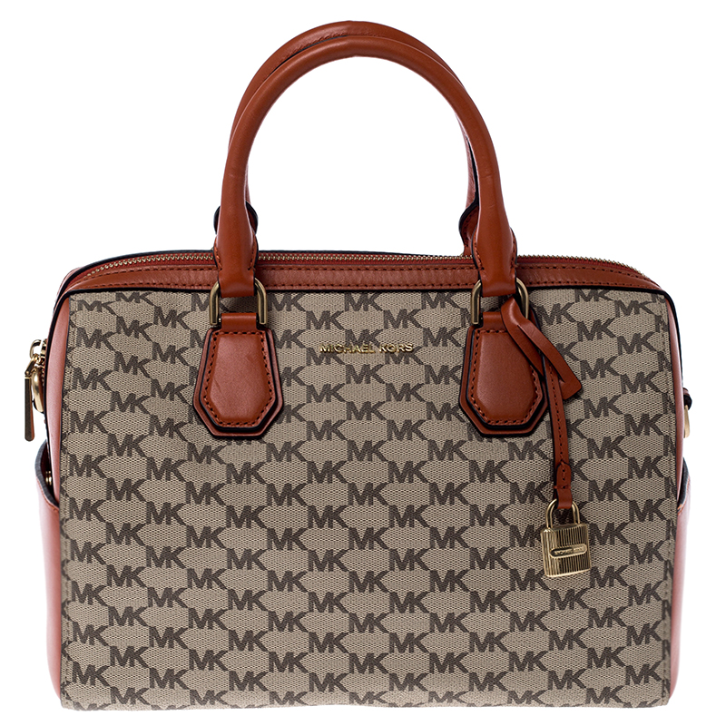  Michael Kors Beige/Orange Signature Coated Canvas and Leather Medium Mercer Duffel Bag