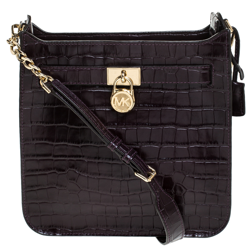 Michael Kors Dark Purple Crocodile Embossed Leather Hamilton Shoulder Bag