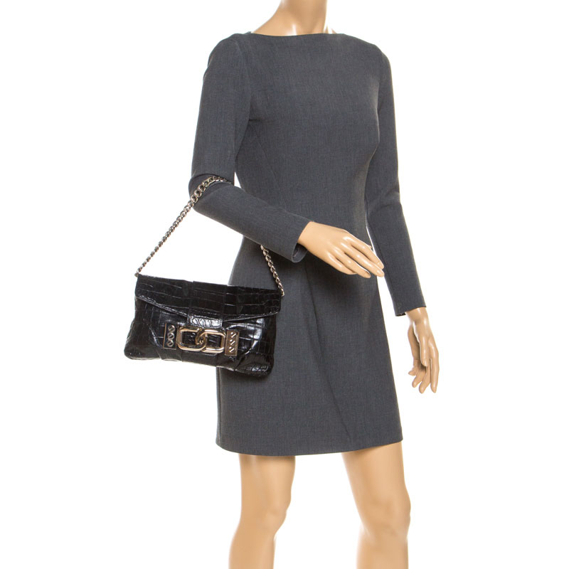 

Micheal Kors Black Croc Embossed Leather Chain Shoulder Bag