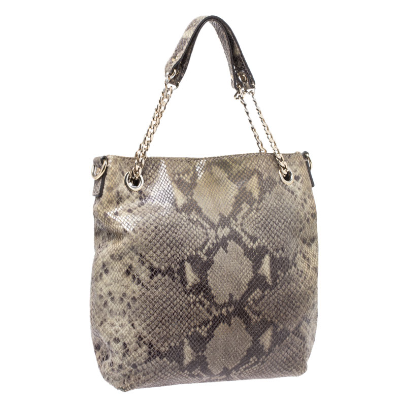 Pre-owned Michael Kors Green/black Python Embossed Suede Chain Tote