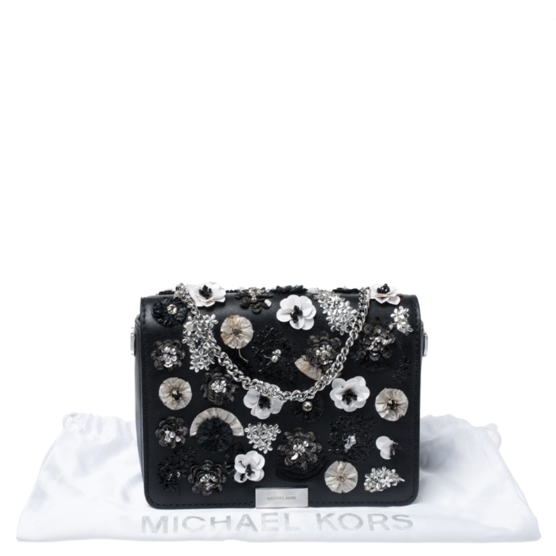 Michael Kors Black Floral Sequins Embellished Leather Jade Shoulder Bag