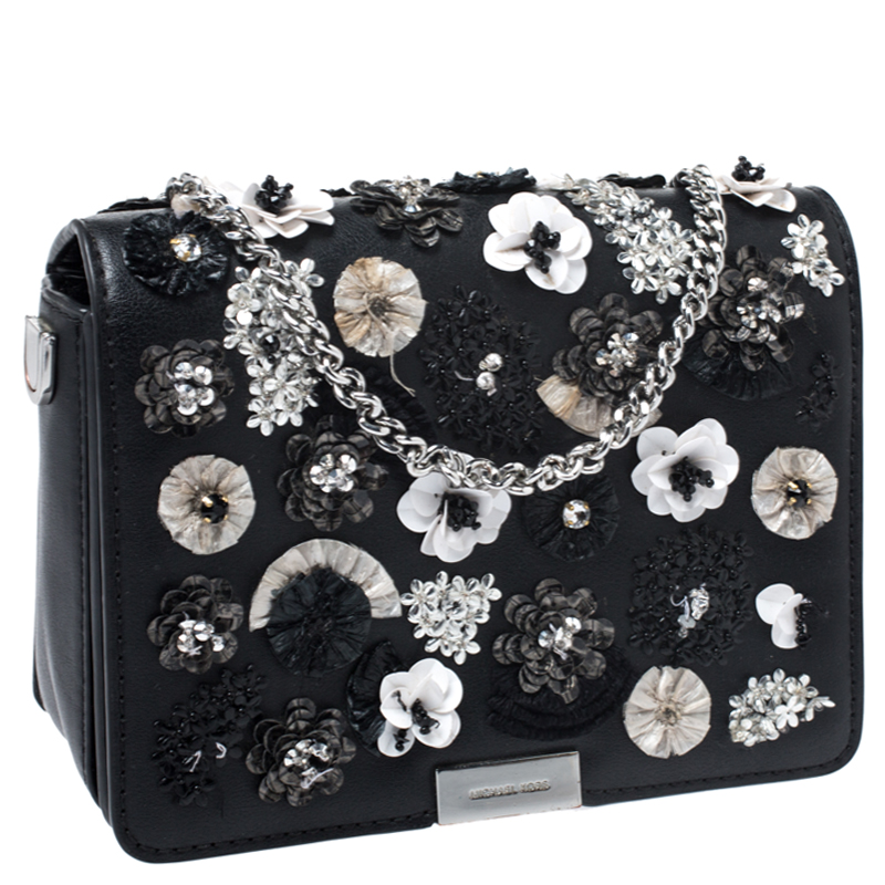 Michael Kors Black Floral Sequins Embellished Leather Jade Shoulder Bag