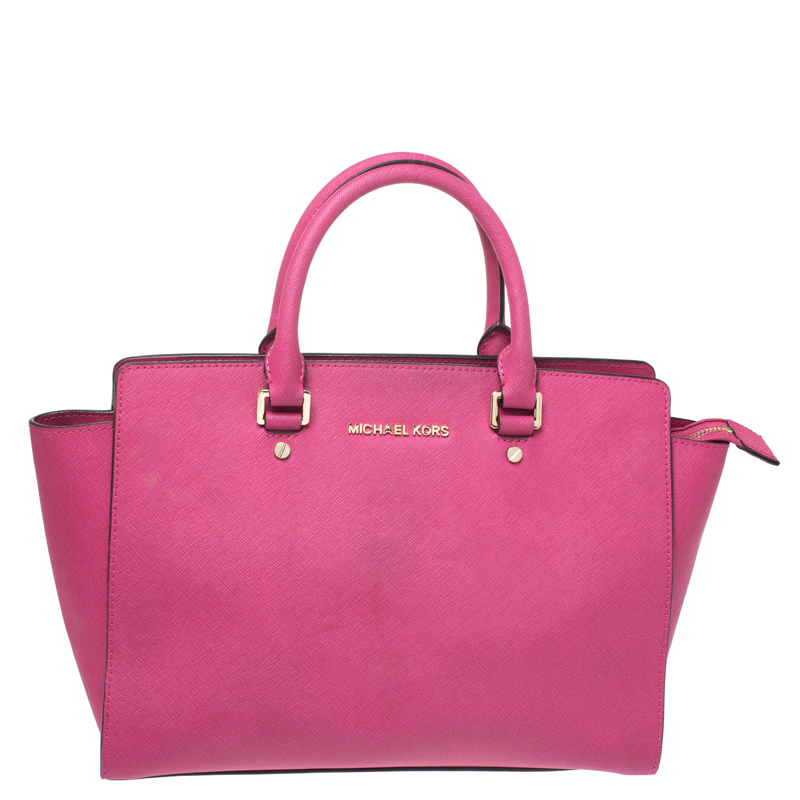Pre Owned MICHAEL Michael Kors Fuchsia Leather Large Selma Tote