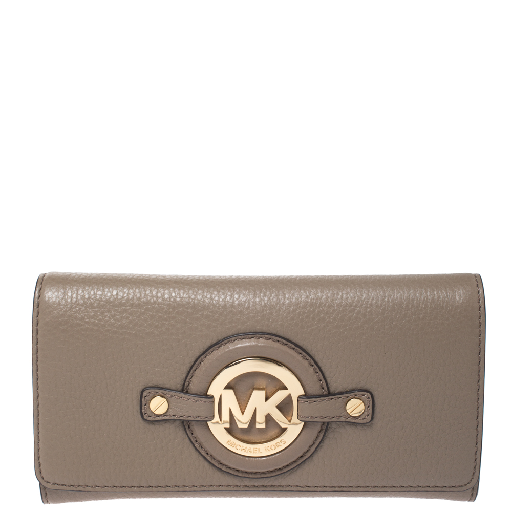 Pre Owned Michael Kors Dark Dune Leather Carryall Stockard Continental Wallet