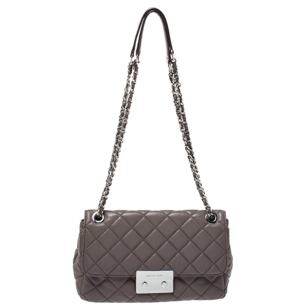 Pre Owned Michael Kors Dark Beige Leather Sloan Shoulder Flap Bag