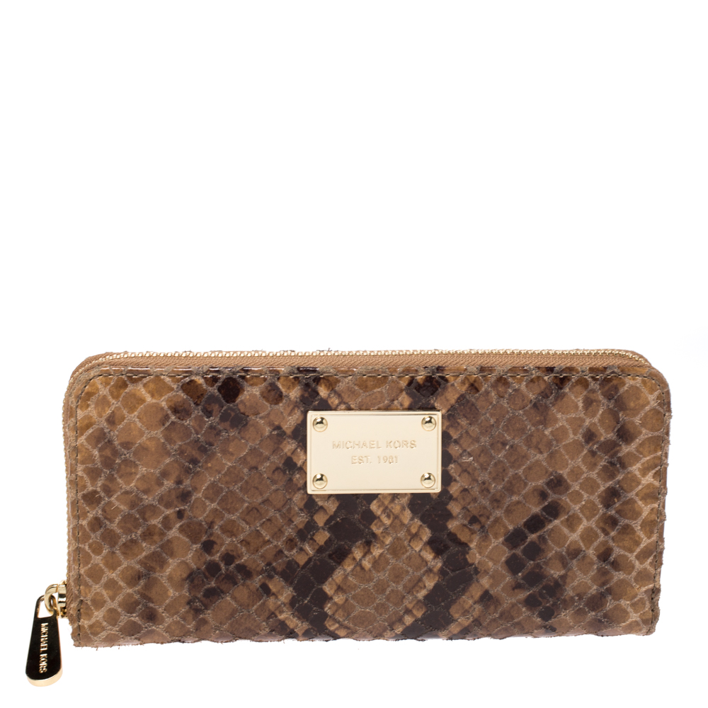 Click to view more detailed imagery on our partner's website Michael Kors Brown Python Effect Leather Jet Set Zip Around Wallet