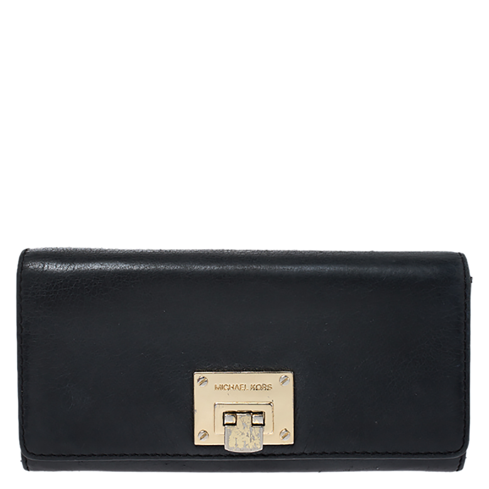 Pre-owned Michael Kors Black Leather Flap Continental Wallet
