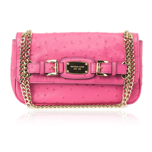Pre Owned Michael Kors Pink Ostrich Embossed Shoulder Flap Bag