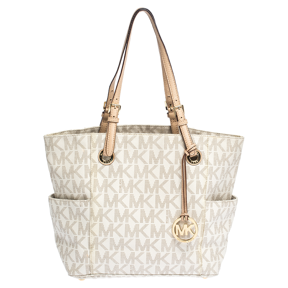 MICHAEL Michael Kors Off White/Beige Signature Coated Canvas and ...