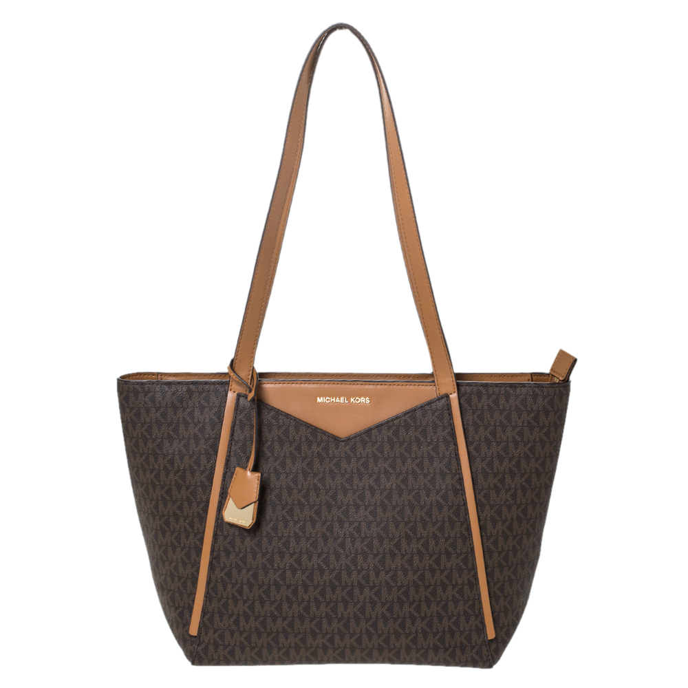 Pre-owned Michael Kors Brown Signature Coated Canvas And Leather Whitney Logo Tote