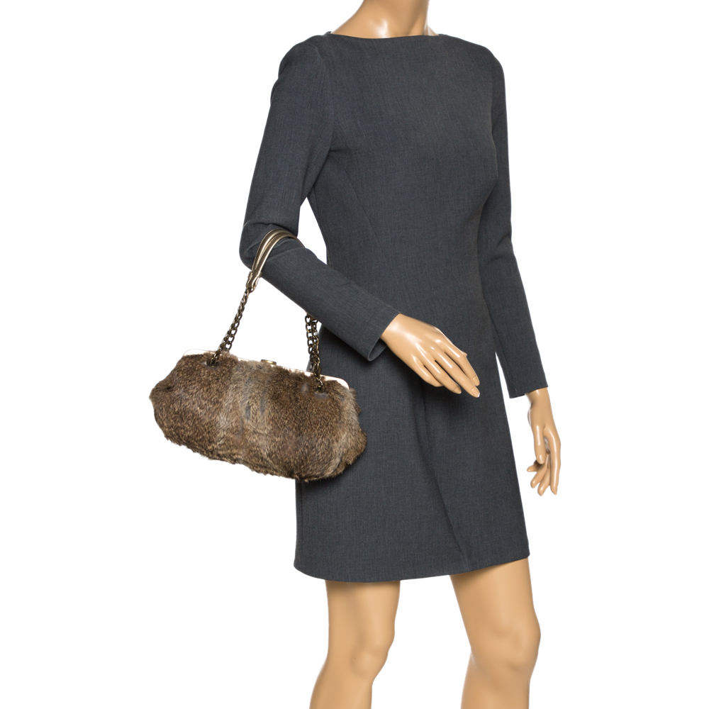 

MICHAEL Michael Kors Light Brown Fox Fur and Leather Frame Chain Shoulder Bag