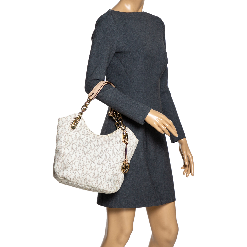 

MICHAEL Michael Kors Cream Coated Canvas and Leather Jet Set Travel Chain Shoulder Bag