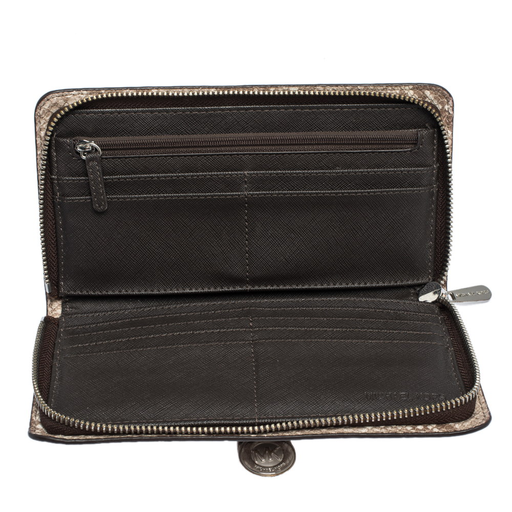 

Michael Kors Light Beige Python Embossed Leather Hamilton Zip Around Wallet