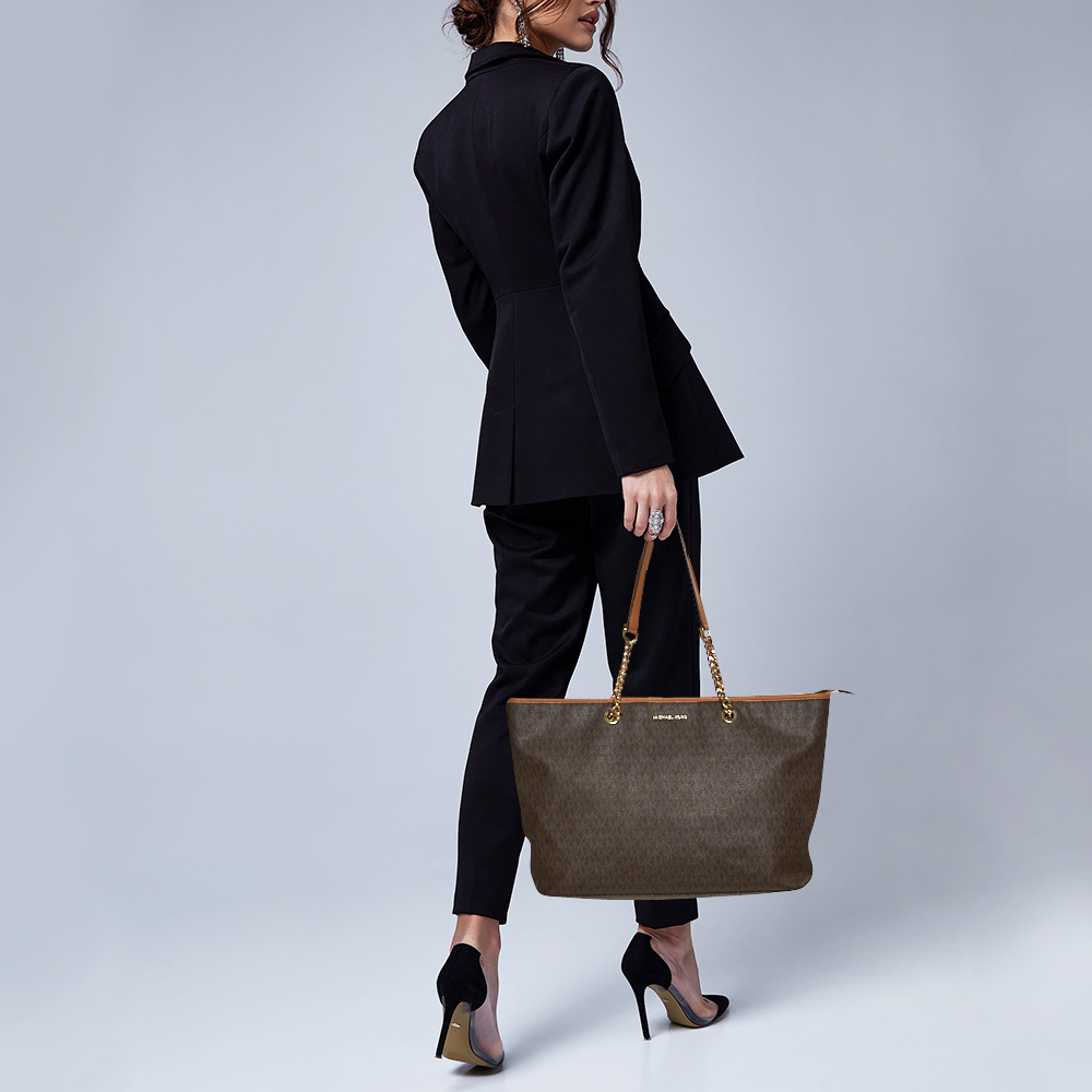 

Michael Kors Brown Signature Coated Canvas Jet Set Travel Chain Tote