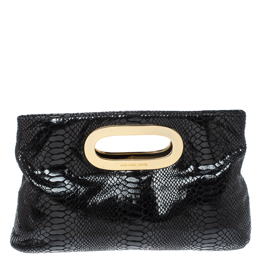 Pre Owned MICHAEL Michael Kors Black Patent Python Embossed Leather Berkley Clutch