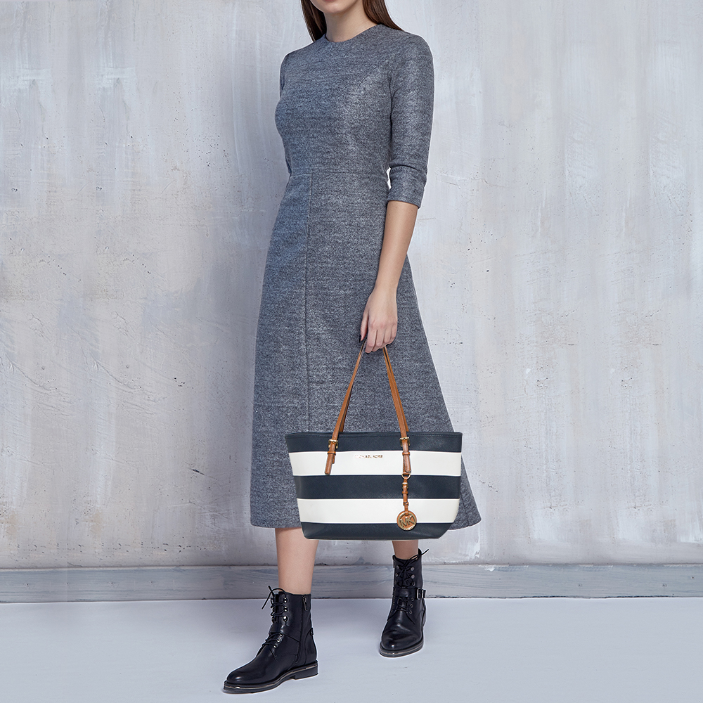 

Michael Kors Blue/White Striped Leather Jet Set Travel Tote