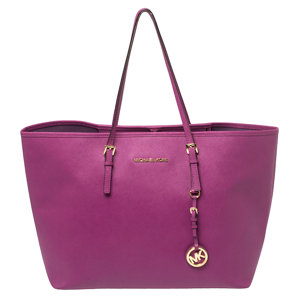 Pre-owned Michael Kors Purple Saffiano Leather Large Jet Set Travel Tote