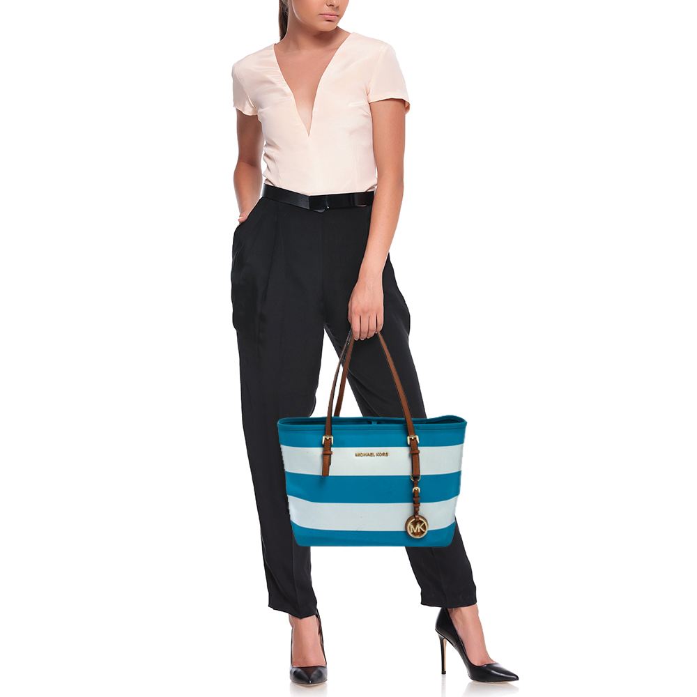 

Michael Kors Blue/White Striped Coated Canvas Travel Jet Set Tote