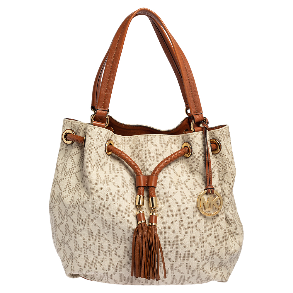Pre-owned Michael Kors Michael  White/brown Signature Coated Canvas And Leather Gathered Tote