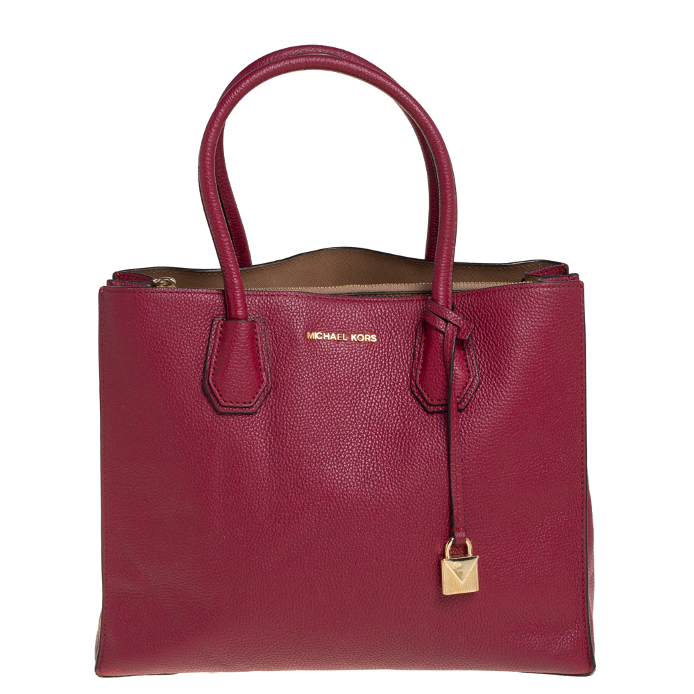 Pre-owned Michael Kors Burgundy Grained Leather Large Mercer Tote