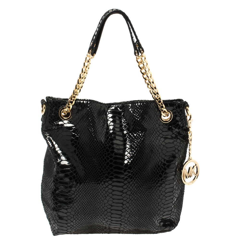 Pre-owned Michael Kors Black Python Embossed Leather Chain Tote